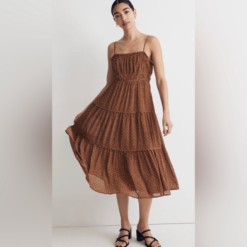 Madewell Sophia Cami Tiered Midi Dress in Dot Brown Size 0